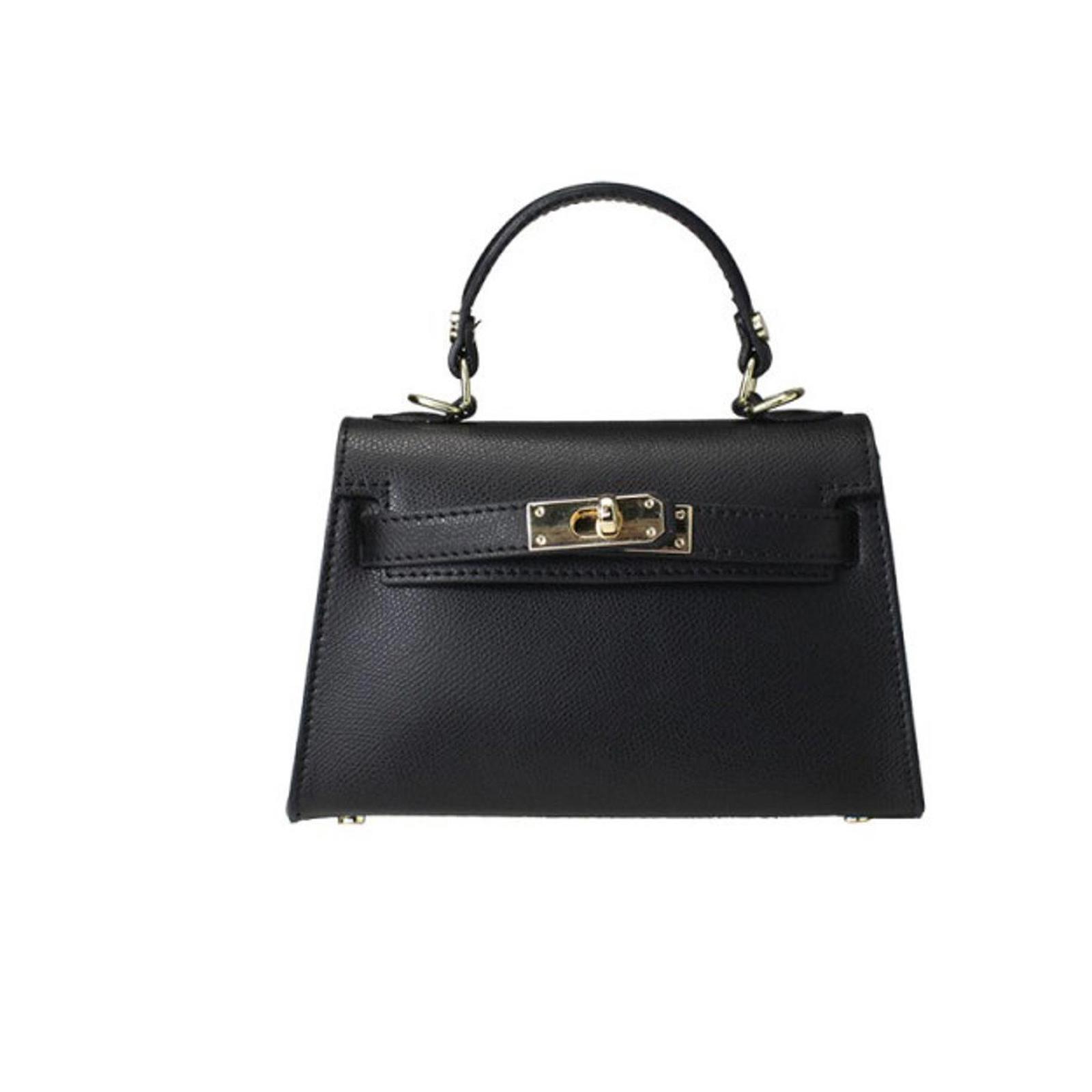Elegant Mini Black Italian Leather Handbag With Adjustable Strap